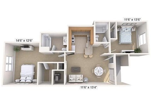 Floor plan for 2 beds, 2 baths, 913 sqft